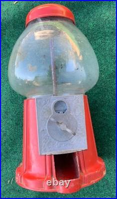 1940s Vintage Red Cast Iron Gumball Machine with Glass Globe Made in USA