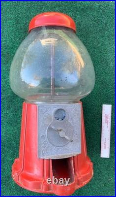 1940s Vintage Red Cast Iron Gumball Machine with Glass Globe Made in USA
