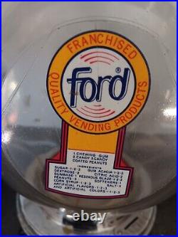 1 CENT GUMBALL MACHINE Vintage, Ford Gum with Plastic Globe, Topper, & Decal