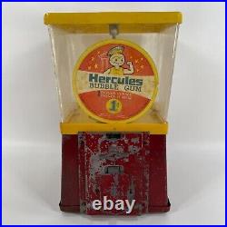 1c Vintage Hercules Metal Vending Bubble Gum Machine 1950's with Label Plastic Top