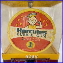 1c Vintage Hercules Metal Vending Bubble Gum Machine 1950's with Label Plastic Top