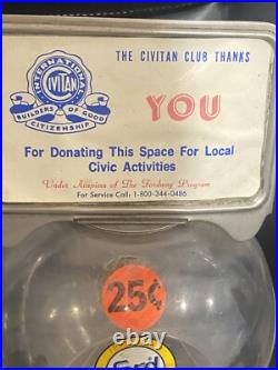 25 CENT GUMBALL MACHINE Vintage, Ford Gum with Plastic Globe FREE Shipping