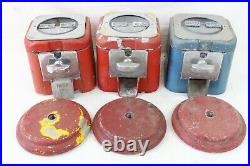 3 Vintage Oak Vending Gumball Peanut Vending Machine Parts Lot Red Blue Coin Op