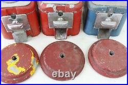 3 Vintage Oak Vending Gumball Peanut Vending Machine Parts Lot Red Blue Coin Op