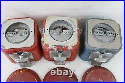 3 Vintage Oak Vending Gumball Peanut Vending Machine Parts Lot Red Blue Coin Op