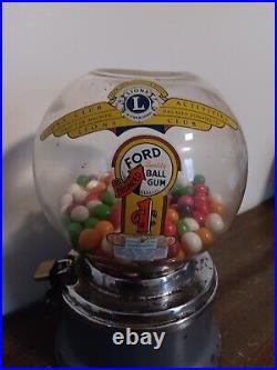 Antique LIONS CLUB LOGO 1c Cent Penny FORD Gum Gumball Machine Vintage WORKS