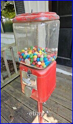 Antique Vtg Acorn Oak 1 Cent Gumball Candy Machine With Cast Iron Stand