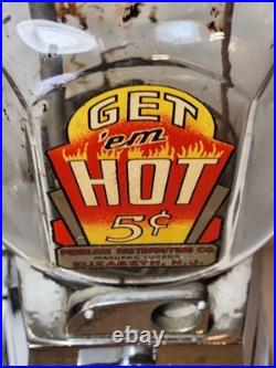 Early Vtg Peerless Get'Em Hot 5 Cent Coin Op Peanut Vending Dispenser Machine