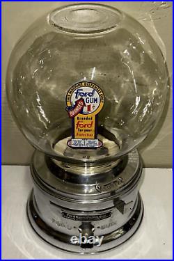 FORD 1C Penny Gum Gumball Machine AKRON NY Chrome SS Vintage OLD LOGO WORKING