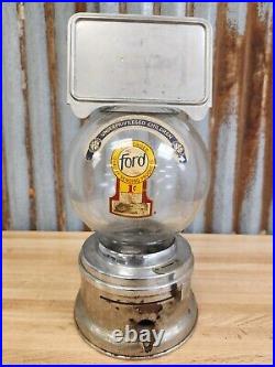 FORD Chrome 1 CENT FORD GUMBALL MACHINE Vintage Old Store Gum with Glass Globe