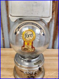 FORD Chrome 1 CENT FORD GUMBALL MACHINE Vintage Old Store Gum with Glass Globe