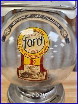 FORD Chrome 1 CENT FORD GUMBALL MACHINE Vintage Old Store Gum with Glass Globe