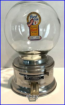 Ford Gum Ball Machine Penny Glass Silver 1 One Cent Globe Excellent Vintage 1940
