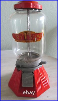 Gumball Machine VTG 1920s Northwestern Try Some 1 Cent Red Counter Iron Base