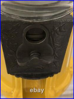 Orginal Vintage Gumball Machine Yellow With Cast Iron Black Stand Works Taiwan