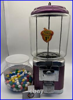 Original with key Vintage 1 cent Acorn Gumball glass globe Purple vending machine