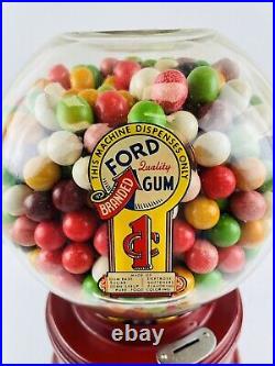 Rare RED 1 CENT FORD GUMBALL MACHINE Vintage Old Store Gum with Glass Globe Decal