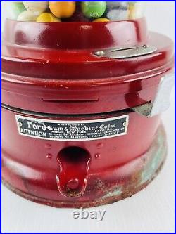 Rare RED 1 CENT FORD GUMBALL MACHINE Vintage Old Store Gum with Glass Globe Decal