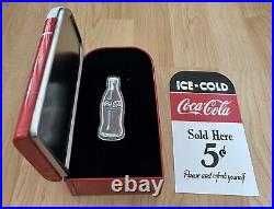 SALE Vintage Coca-Cola Bottle Shaped 1 oz Colorized Silver Vending Machine Tin