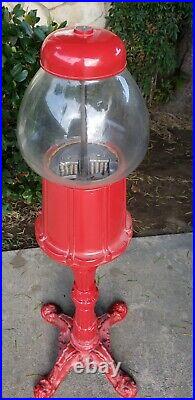 VINTAGE 60s 70s Red PEDESTAL GUMBALL / CANDY Vending MACHINE Glass Made In USA