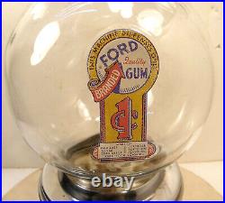 VINTAGE FORD 1c PENNY GUMBALL GUM VENDING MACHINE GLASS GLOBE TOPPER LOCK & KEY