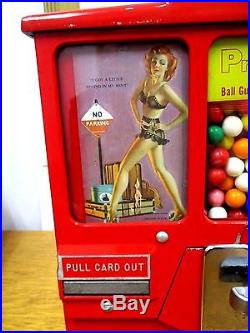 VINTAGE OAK PREMIERE 1 cent CARD/GUMBALL VENDING MACHINE 1950'S EXCELLENT