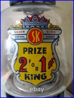 VINTAGE Silver King 1 Cent Prize King Gum Ball Machine WORKS Has 2 Keys D/S