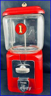 VTG 60s OAK ACORN GUMBALL MACHINE PENNY 1¢ RED METAL EMBOSSED GLASS WORKS WithKEY