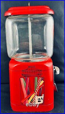 VTG 60s OAK ACORN GUMBALL MACHINE PENNY 1¢ RED METAL EMBOSSED GLASS WORKS WithKEY