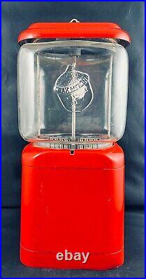 VTG 60s OAK ACORN GUMBALL MACHINE PENNY 1¢ RED METAL EMBOSSED GLASS WORKS WithKEY