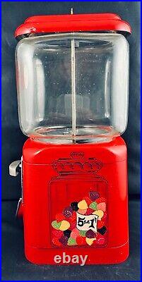 VTG 60s OAK ACORN GUMBALL MACHINE PENNY 1¢ RED METAL EMBOSSED GLASS WORKS WithKEY