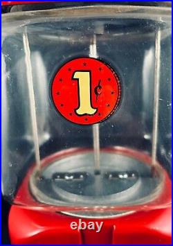 VTG 60s OAK ACORN GUMBALL MACHINE PENNY 1¢ RED METAL EMBOSSED GLASS WORKS WithKEY