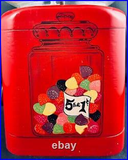VTG 60s OAK ACORN GUMBALL MACHINE PENNY 1¢ RED METAL EMBOSSED GLASS WORKS WithKEY