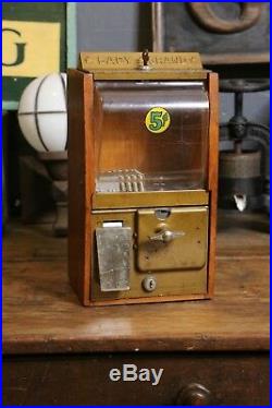 Victor 5 Cent Baby Grand Oak Wood Cabinet Peanut Gumball Machine and Key Vintage