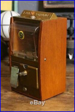 Victor 5 Cent Baby Grand Oak Wood Cabinet Peanut Gumball Machine and Key Vintage