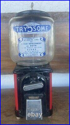 Vintage 1930's Try Some 5? Fresh Tasty Red Gumball Vending Machine Northwestern