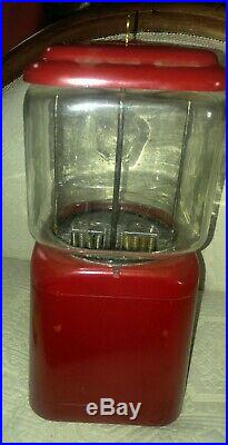 Vintage 1 Cent Acorn Embossed RED Gumball Machine with Key working glass globe