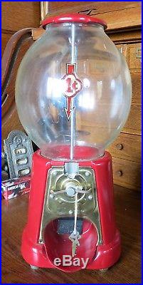 Vintage 1 cent Candy Machine Red with Original Key Glass Dome