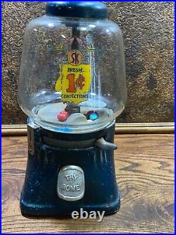 Vintage 1 cent GUMBALL Machine w Glass Dome & Key Antique Gum Dispenser WORKS