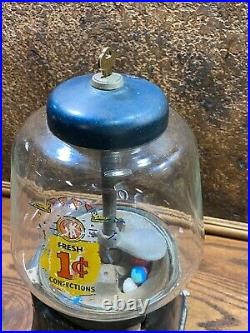 Vintage 1 cent GUMBALL Machine w Glass Dome & Key Antique Gum Dispenser WORKS