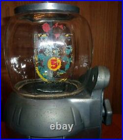 Vintage 5 Cent Aluminum Peanut Bubble Gum Machine With Key MCM Art Deco