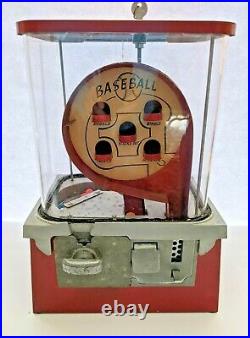 Vintage Baseball Pinball One Cent Gumball Machine Circa 1950's Works With Key