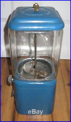 Vintage Blue Acorn 1 Cent Glass Gumball Vending Machine Oak Key Works Rare