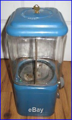 Vintage Blue Acorn 1 Cent Glass Gumball Vending Machine Oak Key Works Rare