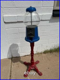 Vintage Carousel King Gumball Machine with Cast Iron Pedestal Stand, Blue and Re