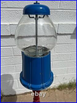 Vintage Carousel King Gumball Machine with Cast Iron Pedestal Stand, Blue and Re