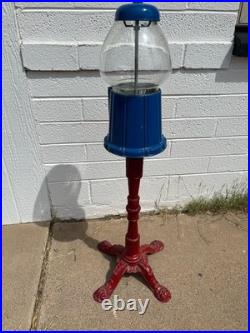 Vintage Carousel King Gumball Machine with Cast Iron Pedestal Stand, Blue and Re