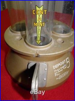 Vintage Cent A Mint Candy Dispenser Machine 5 Cent Glass Tubes Metal Heavy, Rare