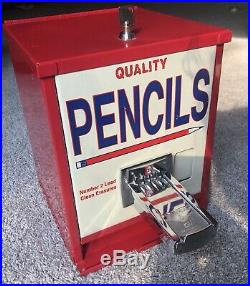 Vintage Coin Op Operated Pencil Pen Vending Machine, Porcelain Coated Sign Front