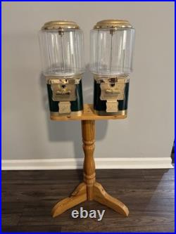Vintage Double Barrel Wood Stand Gumball Candy Nut Vending Machine Collectable